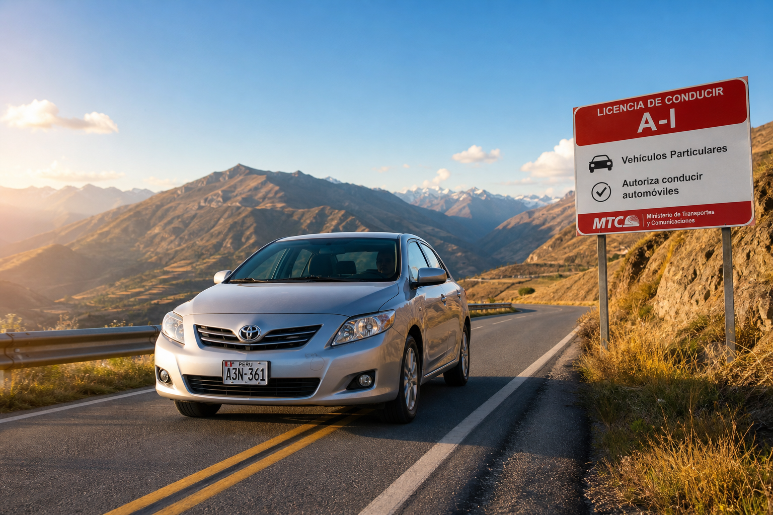 Sedán particular moderno circulando por una carretera de montaña en el Perú al atardecer, ejemplo de vehículo autorizado con la licencia de conducir categoría A-I del MTC
