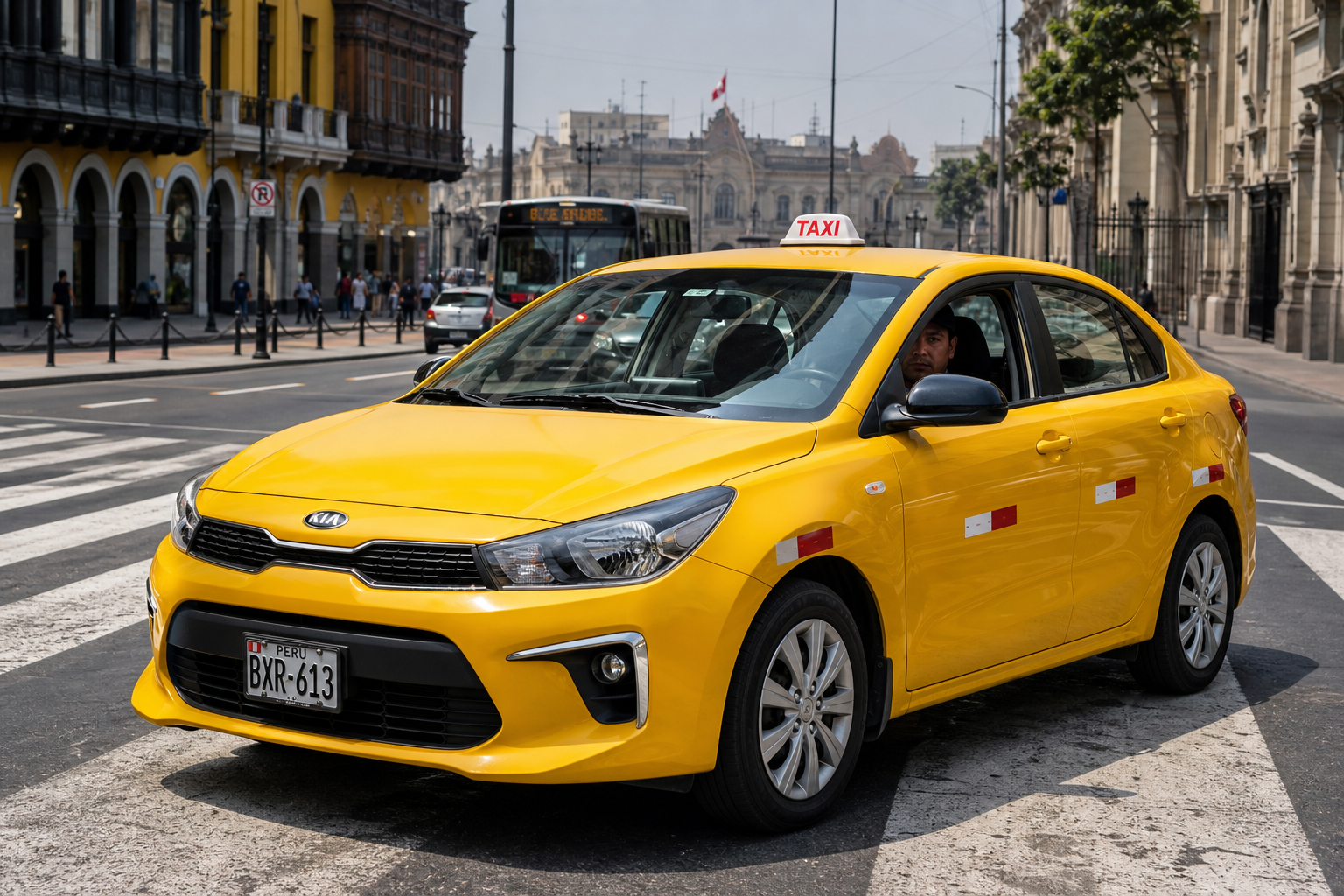 Taxi amarillo en calle de Lima, vehículo típico autorizado con la licencia de conducir A-IIa del MTC para transporte de personas