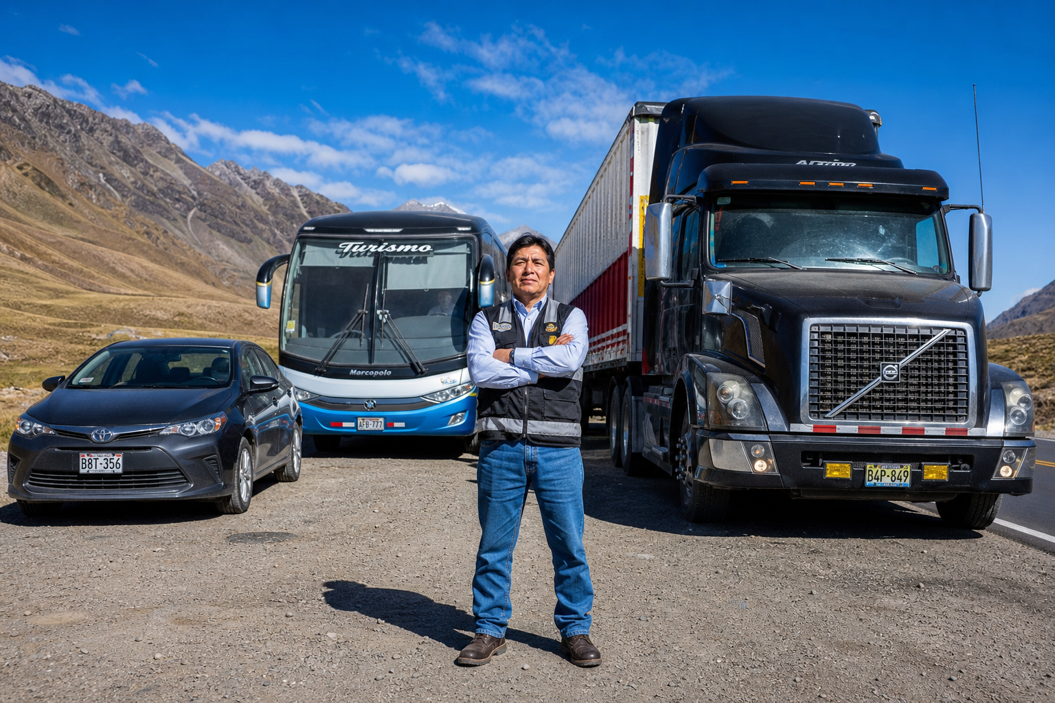 Conductor profesional experimentado junto a diferentes vehículos de la clase A (auto, bus y tráiler) en un área de descanso en carretera peruana, representa la versatilidad de la licencia A-IIIc del MTC